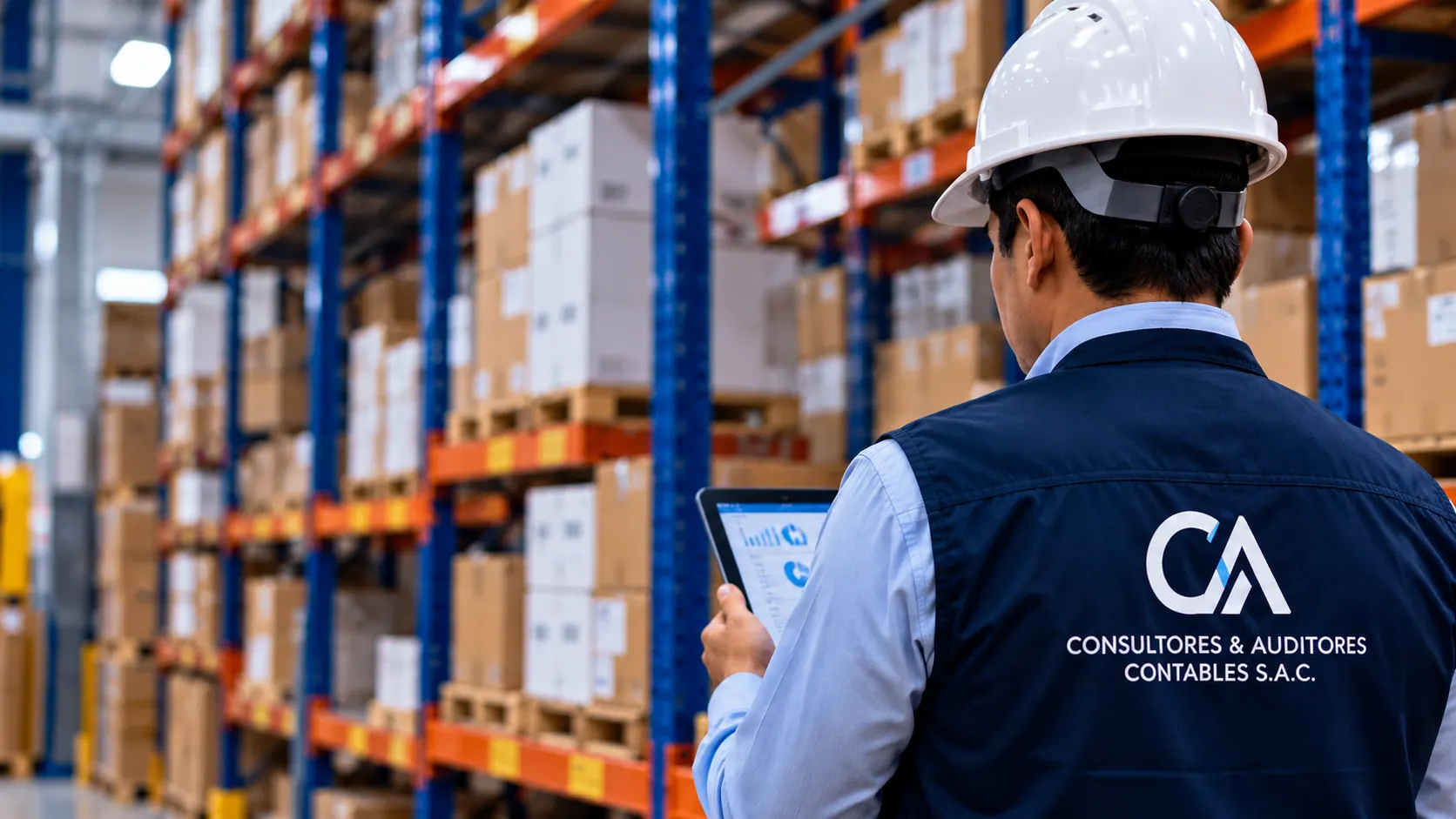Consultor de CYA con casco y tablet revisando inventario en un almacén